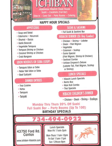 Menu at Ichiban Hibachi Steakhouse & Sushi Bar, Canton