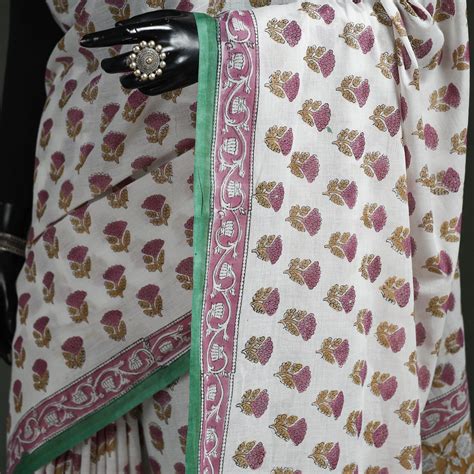 White Pure Mul Cotton Hand Block Sanganeri Print Saree