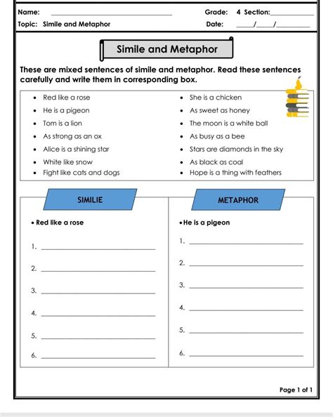 Worksheet on Similes and Metaphors | Similes and metaphors, 2nd grade ...