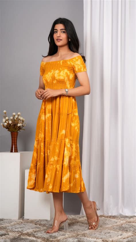 Iqraar Women Tie and Dye Dyed Smocked Off-Shoulder Fit and Flare Midi
