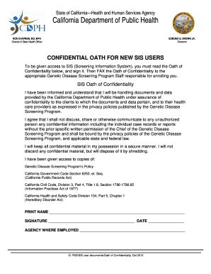 Fillable Online cdph ca Oath of Confidentiality October 2012 ...