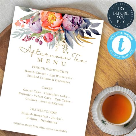 Afternoon Tea Menu Template Editable Event Menu Card Printable Menu Tea ...