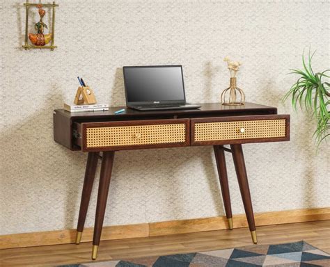Boston Solid Wood Rattan Cane Laptop Table with Two Drawer
