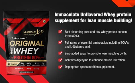 MuscleXP Raw Whey Protein Concentrate 80% Powder, Unflavored, 1Kg (2 ...