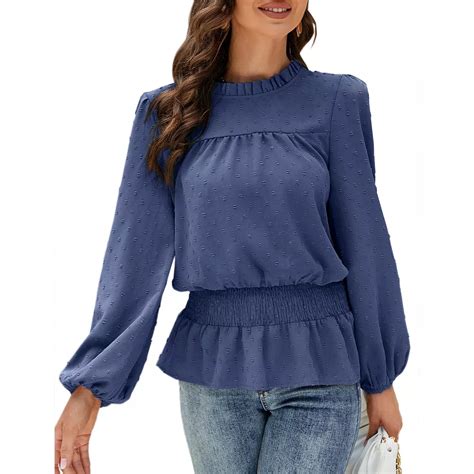 Women Lantern Blouses Long Sleeve Mock Neck Shirts Swiss Dot Ruffle Hem ...