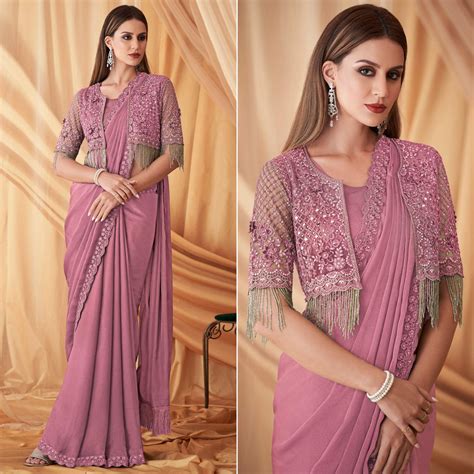 Pink Embroidered Satin Saree With Jacket