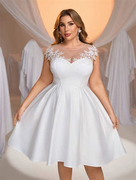Glamrae Plus Size Elegant Romantic White Collar See-Through A-Line ...