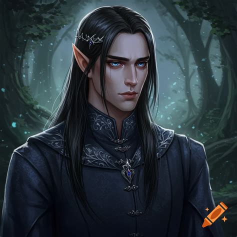 An elven prince with black hair and blue eyes in a dark forest, digital ...