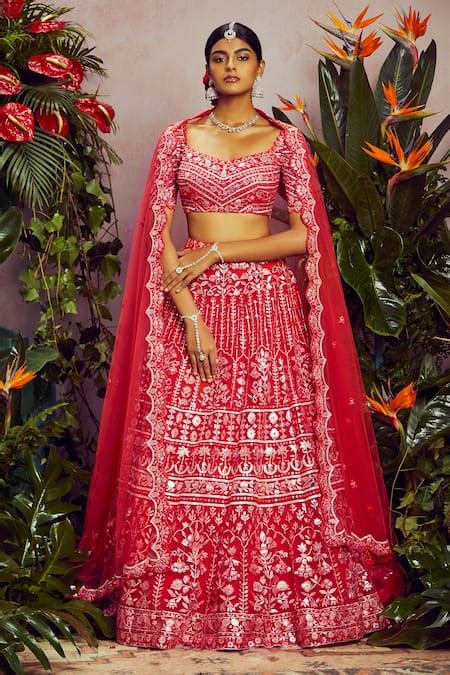 Buy Red Net Lining Shantoon U Neck Embroidered Bridal Lehenga Set For ...