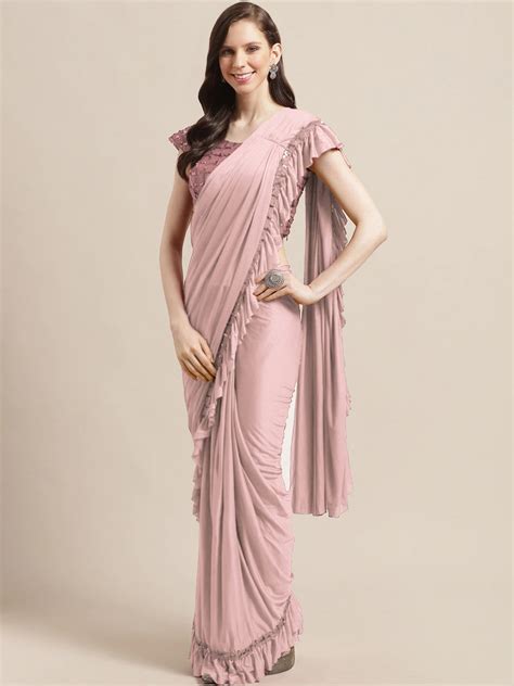 QUMV6415 Baby Pink Ruffled Romantic Saree with Festive Layering & Bling ...