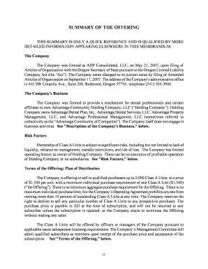 Fillable Online SUMMARY OF THE OFFERING - bsecureadvantagedentalcomb ...