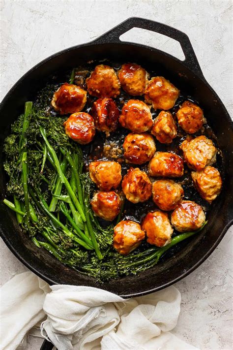 30-Minute Teriyaki Chicken Meatballs + Broccolini - The Wooden Skillet