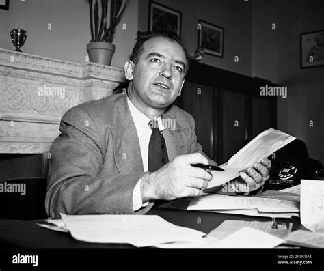 Senator Joseph McCarthy (R-Wisc.), talks to newsmen in his office ...