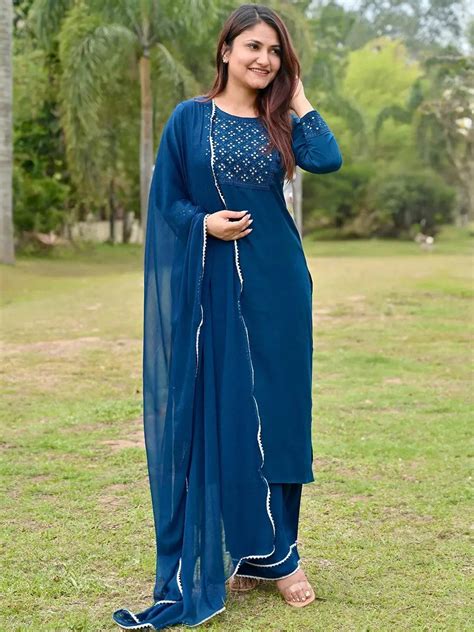 Buy Blue Embroidered Rayon Straight Kurta With Palazzos & Dupatta ...