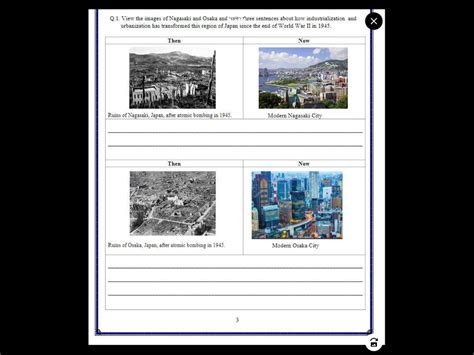 View the images of Nagasaki and Osaka and write three sentences about ...