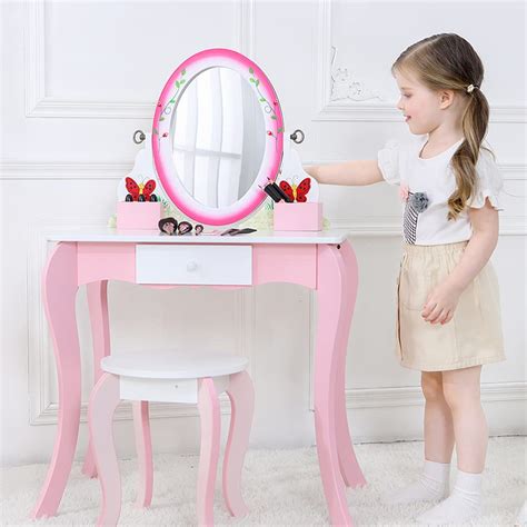 Kid Vanity Table Pretend Play and Chair Set, Dressing Table with 2 in 1 ...