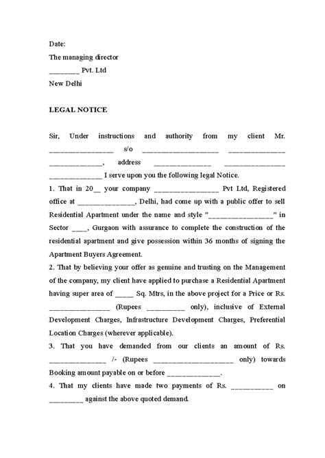 Legal Notice - Format for Specific Performance of Contract - Studocu