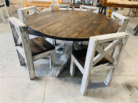 5ft Round Rustic Farmhouse Table with chairs, Single Pedestal Style ...
