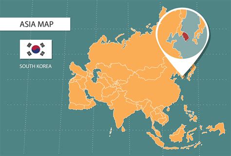 South Korea map in Asia zoom version, icons showing South Korea location and flags. 19476139 ...