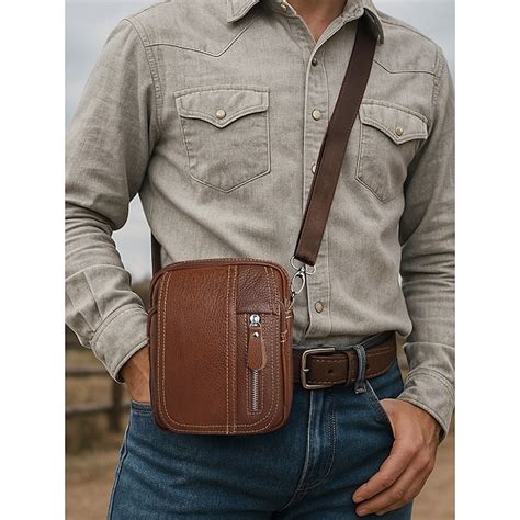 Men's genuine leather messenger bag with zipper pocket, Retro style ...