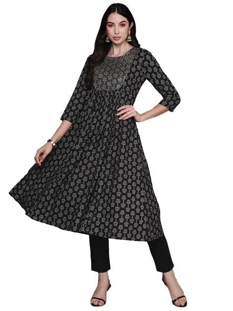 Buy ishin Women's Cotton Embellished Black A-Line Kurta at Amazon.in