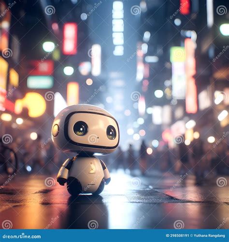 Robot on the Road in the City at Night. 3d Rendering Stock Illustration ...