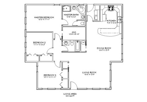 1500 Square Foot Three Bedroom Two Bathroom Floor Plan, One Story ...