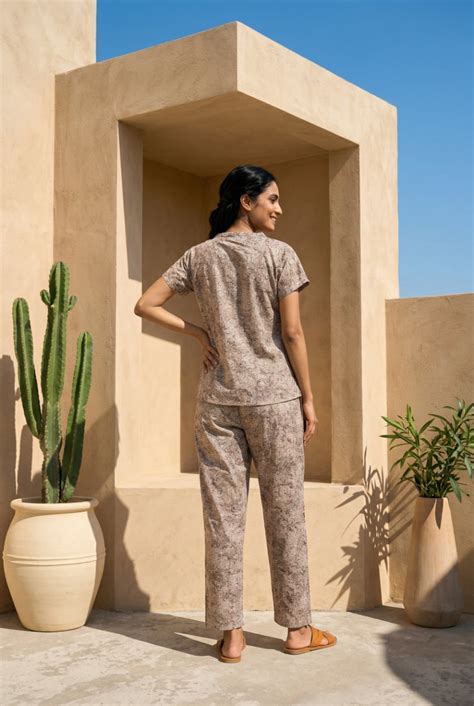 Buy Beige Round Neck Geometric Print Pure Cotton Night Suit For Women ...