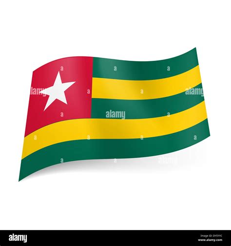 National flag of Togo: green and yellow horizontal stripes, red square ...