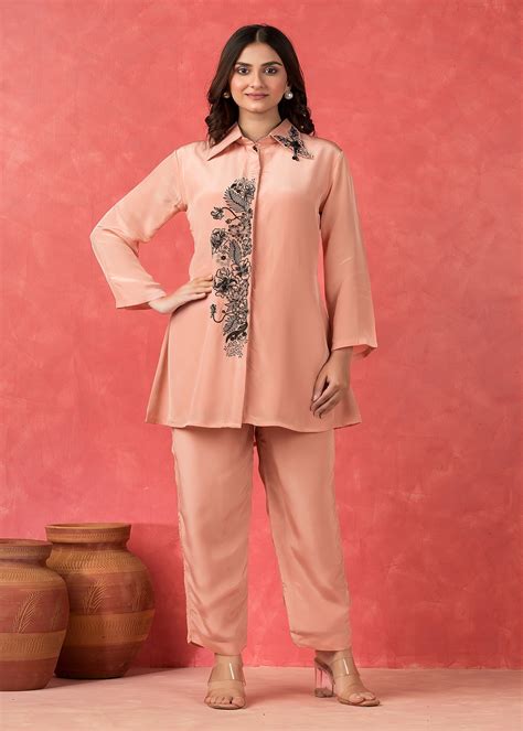 Peach Floral Embroidered Crepe Silk Co-Ord Set