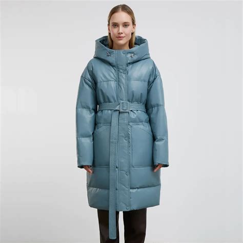 Light Blue Puffer Jacket With Hood For Womens