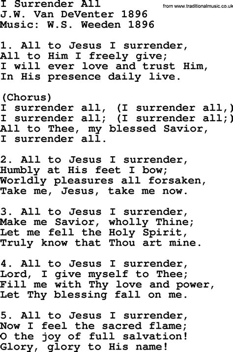 Most Popular Church Hymns and Songs: I Surrender All - Lyrics, PPTX and PDF