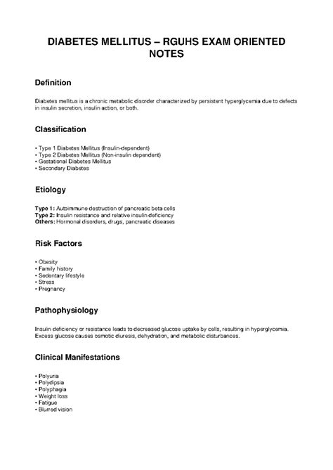 Diabetes Mellitus RGUHS Exam-Oriented Notes on Classification ...