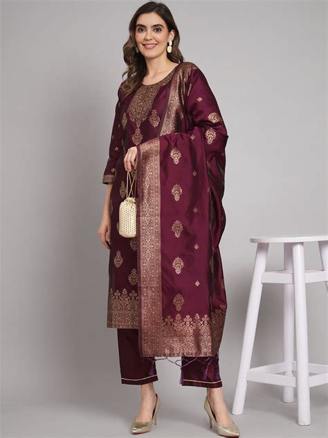 Soraya Purple Silk Round-Neck Blossom Woven Kurta With Pant Suits ...