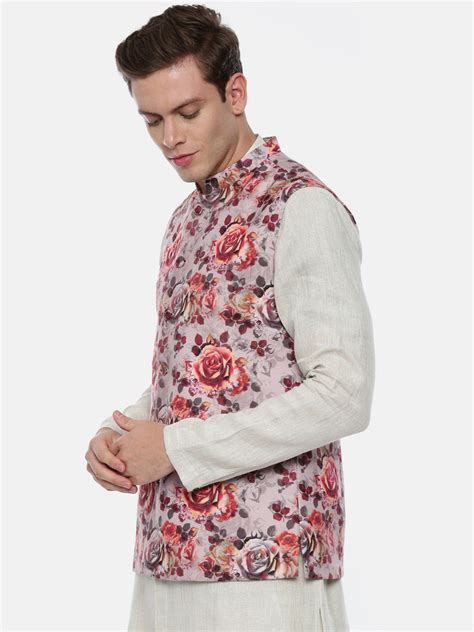 Pink Printed Linen Nehru Jacket - MMWC0174 – Mayank Modi Fashions
