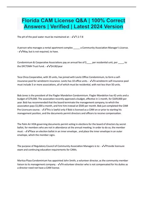 Florida CAM License Q&A | 100% Correct Answers | Verified | Latest 2024 ...