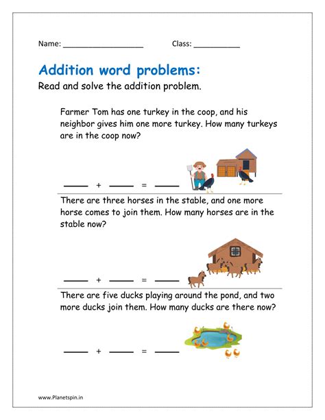 Addition word problems for class 1 | Planetspin.in