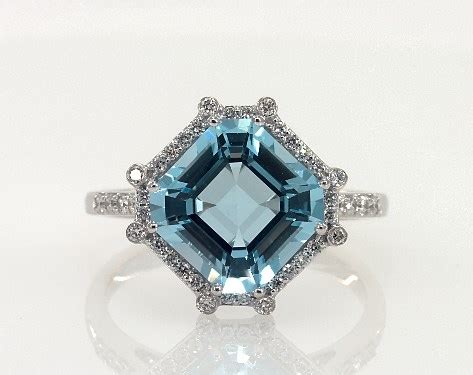 18K White Gold Asscher Shaped Blue Topaz and Pavé Diamond Vintage ...