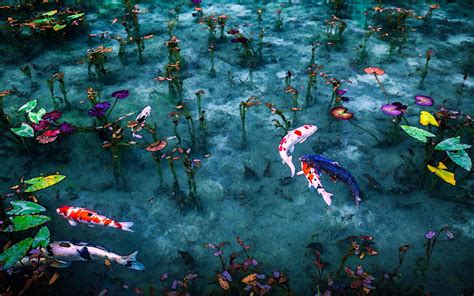 4K, koi fish, fish, leaves, artwork, painting, Japan, plants, HD Wallpaper | Rare Gallery