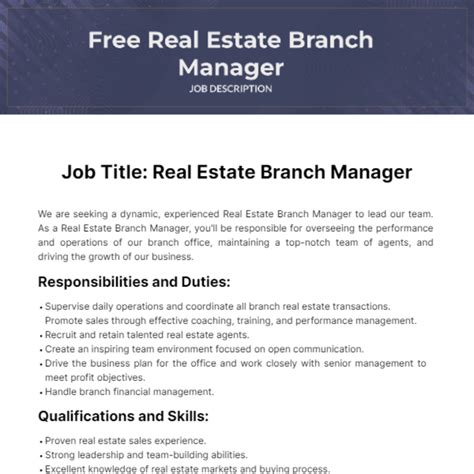 Free Real Estate Branch Manager Job Description Template to Edit Online