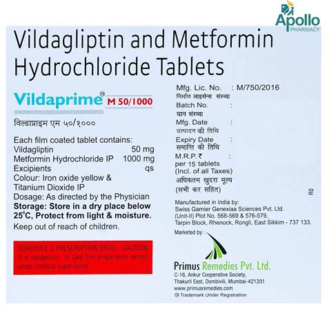 Vildaprime M 50/1000 Tablet 15's Price, Uses, Side Effects, Composition ...