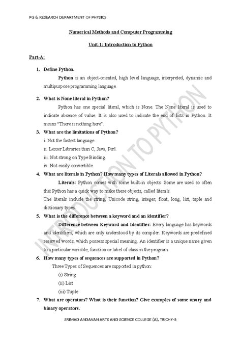 2 Marks Questions & Answers - Python Basics - Studocu