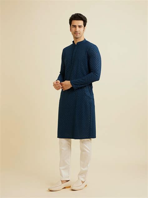 Buy Manyavar Blue Viscose Chikankari Sequins Work Kurta with Pyjama ...