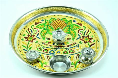 Buy VIBHAVAN Steel Pooja Thali Meenakari Kalash Design Multi color 10. ...