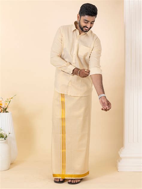 Ramraj Men Gold Tissue Jacquard Full Sleeves Shirt with Matching Dhoti ...