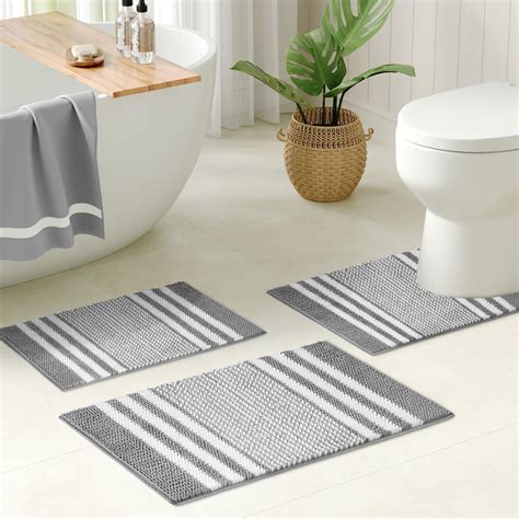 Amazon.com: Tindbea Gray Bathroom Rugs Set 3 Pieces, Striped Ultra Soft ...