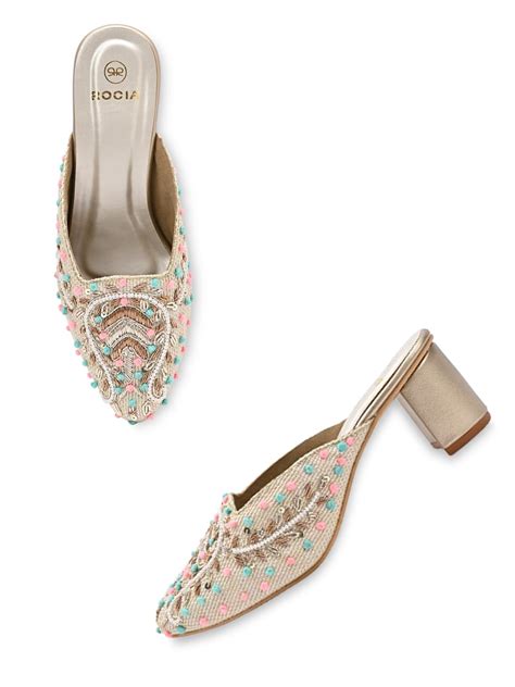 ROCIA by Regal Gold Women Hand Embroidered Block Heel Mules : Amazon.in ...