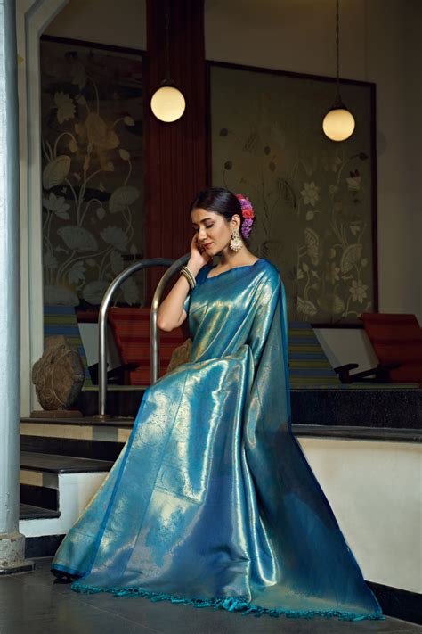 Sky Blue Zari Work Kanjivaram Silk Saree - House of Vardha