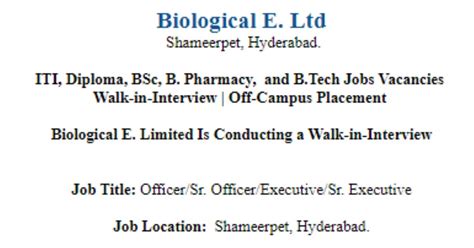 Biological E. Limited Walk-in Interview 2024: ITI, Diploma Any ...