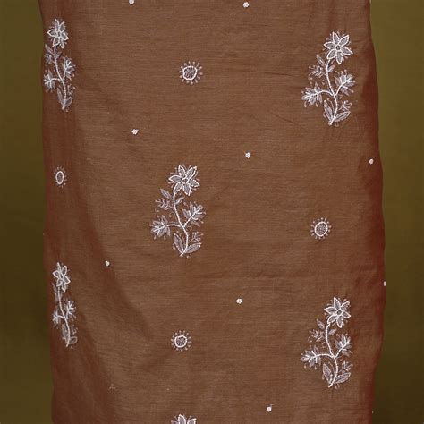 Brown 2pc Mul Chanderi Unstitched Chikankari Dress Material Suit Set